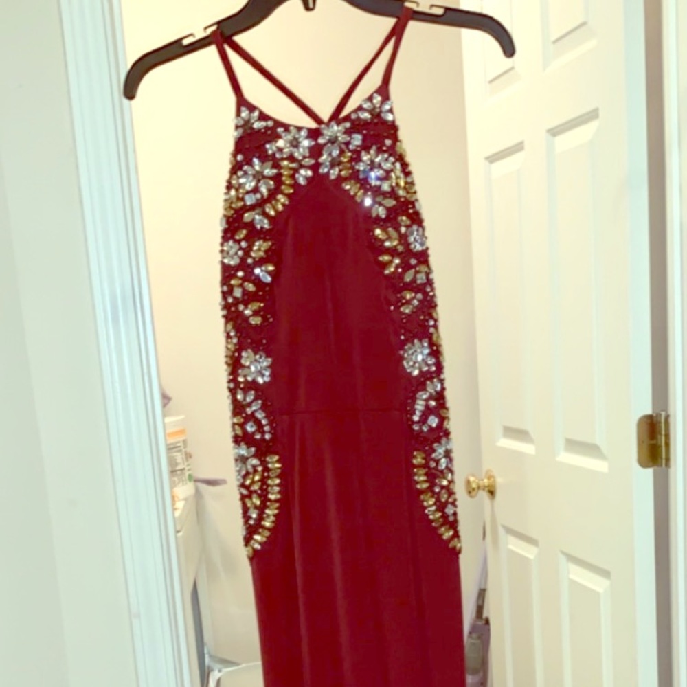 Maroon prom dress with golden and silver sequins